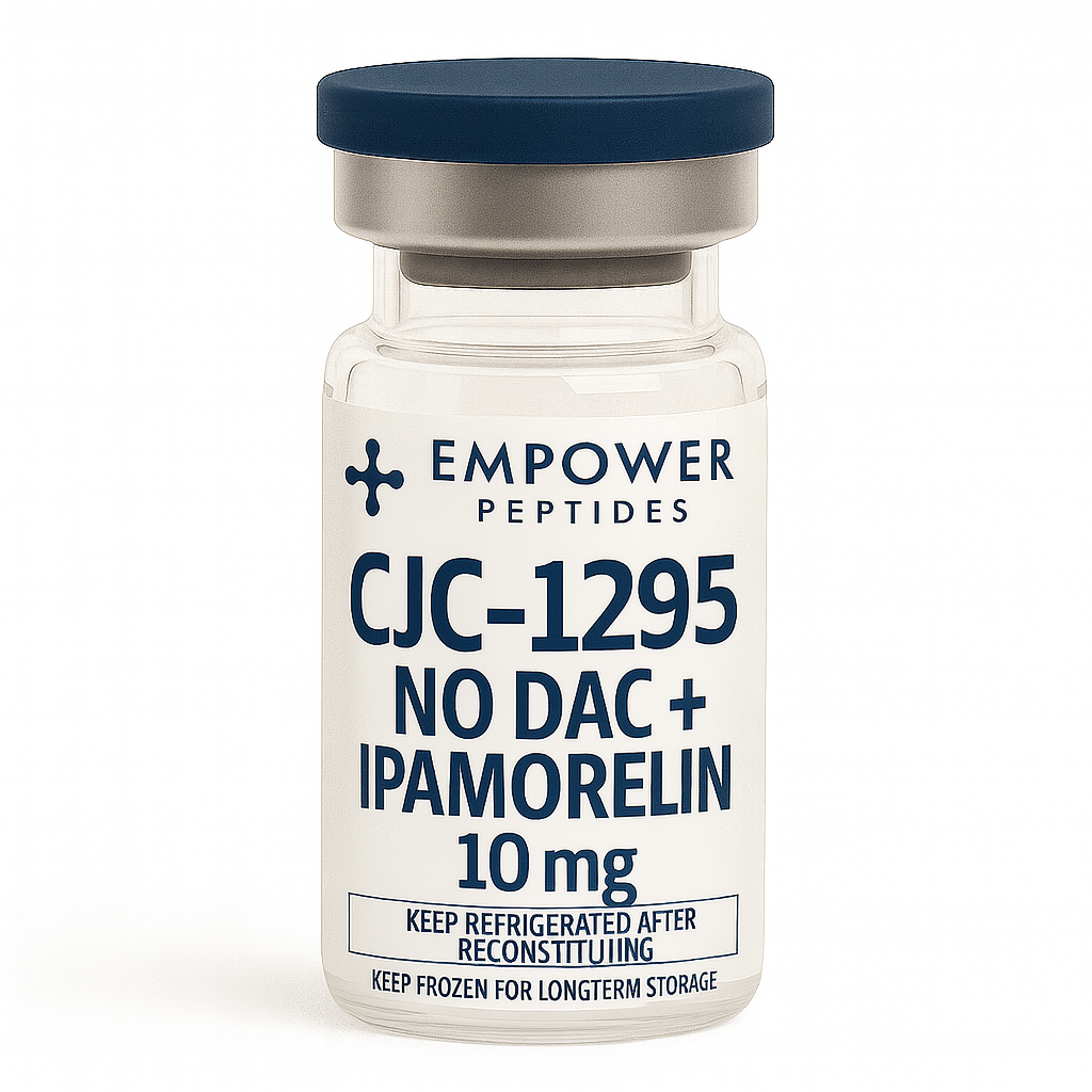 Vial of CJC-1295 No Dac + Ipamorelin 10mg lyophilized peptide blend for research use