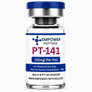 PT-141 research peptide vial studied for its role in melanocortin receptor signaling pathways, for in vitro laboratory use