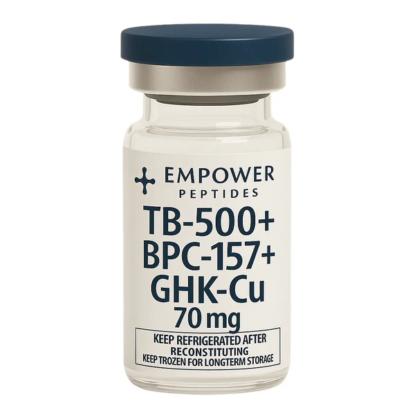 Glow Blend – 70mg (10mg TB-500 + 10mg BPC-157 + 50mg GHK-Cu) 1 GLOW Blend research peptide blend vial studied for combined peptide signaling and cellular interaction pathway research