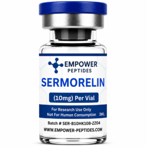 Sermorelin research peptide vial studied for its role in growth hormone–releasing hormone signaling pathways, for in vitro laboratory use