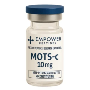 MOTS-c research peptide vial studied for its role in mitochondrial signaling and cellular metabolic pathway research, for in vitro laboratory use