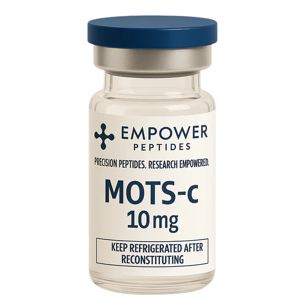 MOTS-c 1 MOTS-c research peptide vial studied for its role in mitochondrial signaling and cellular metabolic pathway research, for in vitro laboratory use