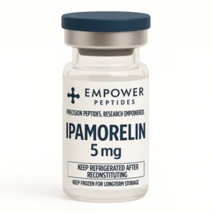Ipamorelin research peptide vial studied for its role in growth hormone secretagogue receptor signaling pathways