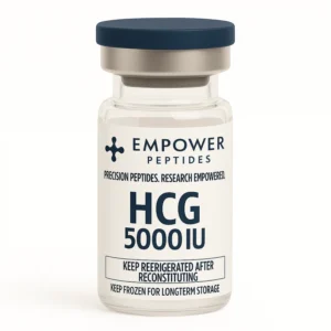 hCG 5000 IU research compound vial studied for its role in gonadotropin and endocrine signaling pathway research