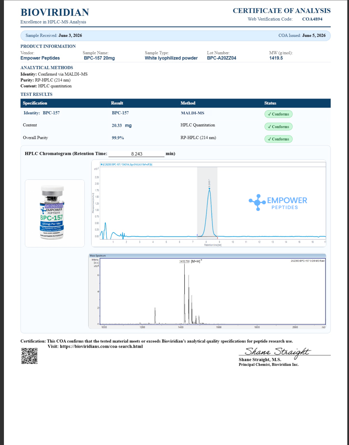 BPC-157 - Recovery and Repair Peptide 6 bpc 20mg coa empower peptides
