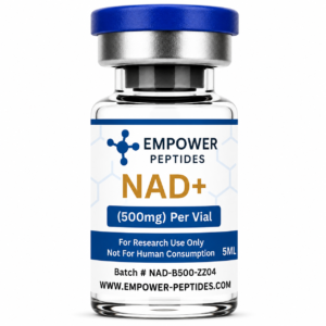 NAD+ research compound vial studied for its role in cellular redox reactions and metabolic pathway research, for in vitro laboratory use Image Title:
